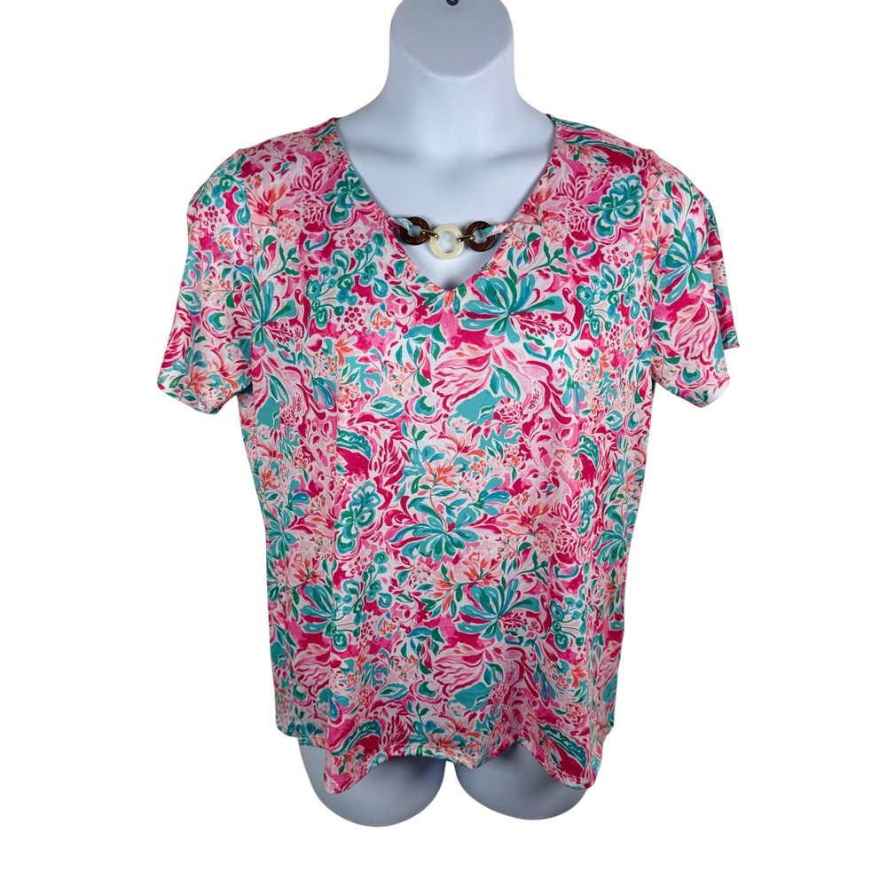 New Stella Parker XL Pink Floral V-Neck Top Short Sleeve Embellished Ring Detail
